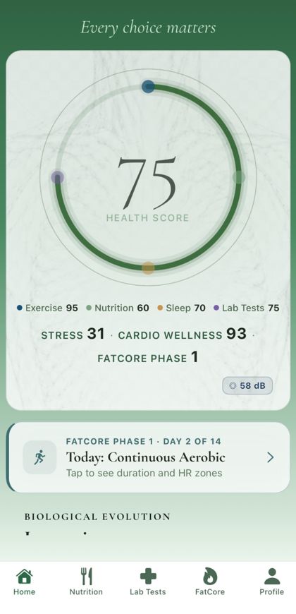 App home: Health Score ring at 75 with pillar breakdown